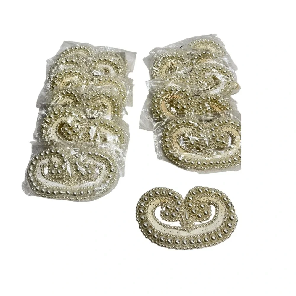 Lot of 10 Ivory Faux Pearl and Sequin Beaded Scroll Heart Sew On Appliques Bride